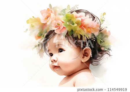 Watercolor of baby wearing flower's crown on white background by Generative AI Watercolor of baby wearing flower's crown on white background by Generative AI 114549919