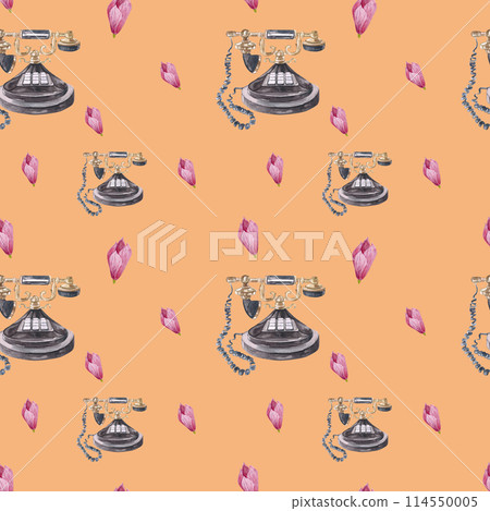 Watercolor drawing with vintage telephones and vintage watercolor magnolia flowers. Retro pattern drawn by hand 114550005