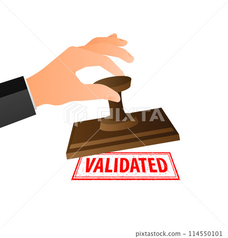 Hand is stamping a red seal that says Validated. Grunge vintage Validated square stamp 114550101
