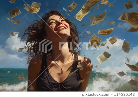 Happy young woman with money flying in the air on the beach Happy young woman with money flying in the air on the beach 114550148