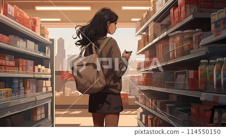 Illustration of a young woman shopping in a grocery store. Illustration of a young woman shopping in a grocery store. 114550150