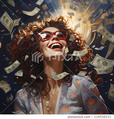 Portrait of a beautiful woman in red sunglasses and a blouse with money flying around her 114550151