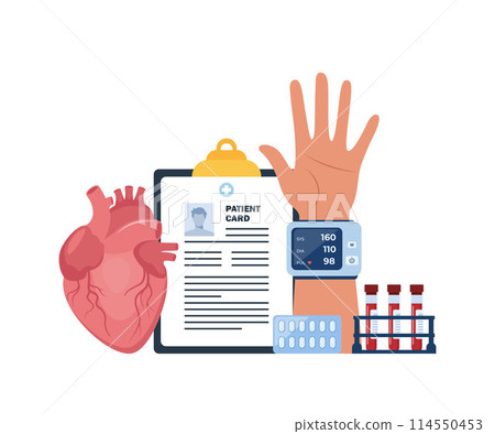 Medical examination and cardiology checkup. Tonometer. Measuring high blood pressure, test tubes, syringe, patient medical card, medications, syringe, heart. Medical examination and cardiology checkup. Tonometer. Measuring high blood pressure, test tubes, syringe, patient medical card, medications, syringe, heart. 114550453