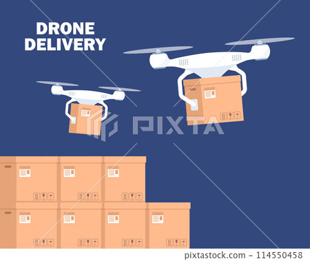 Drone working in modern warehouse. Robotics technology concept, fast delivery, artificial intelligence. Vector illustration. Drone working in modern warehouse. Robotics technology concept, fast delivery, artificial intelligence. Vector illustration. 114550458