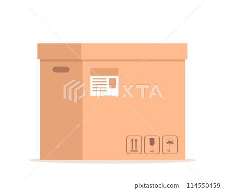 Beige cardboard closed box with fragile sign. Packaging cargo storage, industry shipment, shipping goods. Vector illustration. 114550459