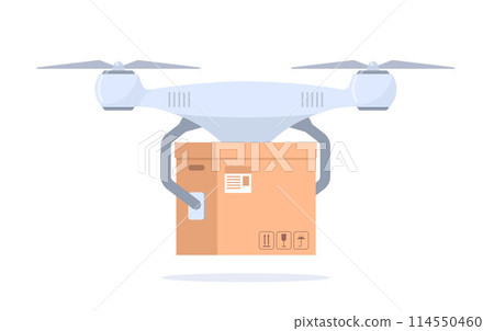 Drone working in modern warehouse. Robotics technology concept, fast delivery, artificial intelligence. Vector illustration. 114550460