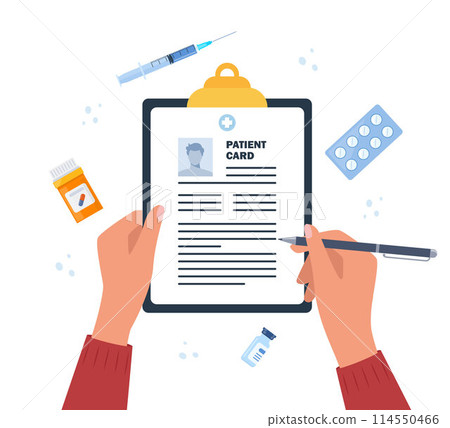 Patient card, medical records document with patient data or information on table top view. Doctor's work desk, medical report on clipboard, pills, syringe. 114550466