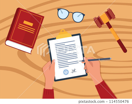Civil law concept. Business man hand signing a paper document. Gavel and judge book on wooden table. Workplace desk top view. 114550476