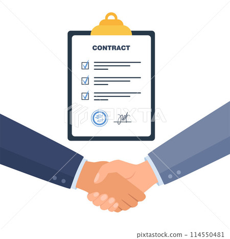 Concluding a contract, business negotiations. Two male businessmen shake hands, make a deal, sign a contract. Clipboard with agreement, contract. Concluding a contract, business negotiations. Two male businessmen shake hands, make a deal, sign a contract. Clipboard with agreement, contract. 114550481
