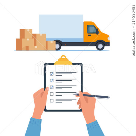 Lorry and pile of boxes. Clipboard with checklist in human hands. Delivery concept. Transportation of goods. Moving to new house. Lorry and pile of boxes. Clipboard with checklist in human hands. Delivery concept. Transportation of goods. Moving to new house. 114550482