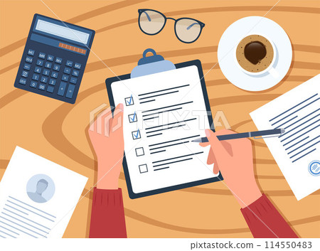 Hands on the table. A businessman writes a project plan, clipboard with checklist, followed by documents and coffee. Hands on the table. A businessman writes a project plan, clipboard with checklist, followed by documents and coffee. 114550483
