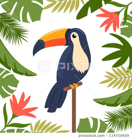 Toucan, exotic bird, tropical flowers, palm leaves, jungle leaves, bird of paradise. 114550489