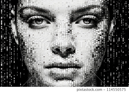 Mosaic Portrait of a Woman Created With Pixelated Detail in Monochrome 114550575