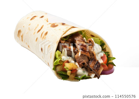 Shawarma Wrap Filled With Grilled Meat and Fresh Vegetables on White Background 114550576