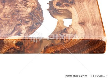 Live edge elm burl slab table top with central epoxy resin river 114550628