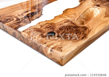 Live edge elm burl slab table top with central epoxy resin river 114550646