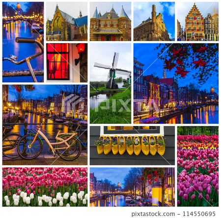 Amsterdam city photo collage. Landmark travel photos postcard from Amsterdam, Netherlands. Amsterdam city photo collage. Landmark travel photos postcard from Amsterdam, Netherlands. 114550695