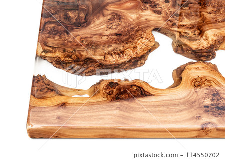 Live edge elm burl slab table top with central epoxy resin river Live edge elm burl slab table top with central epoxy resin river 114550702