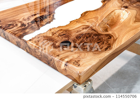 Live edge elm burl slab table top with central epoxy resin river Live edge elm burl slab table top with central epoxy resin river 114550706
