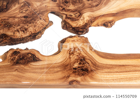 Live edge elm burl slab table top with central epoxy resin river 114550709