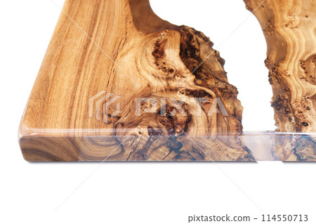 Live edge elm burl slab table top with central epoxy resin river 114550713