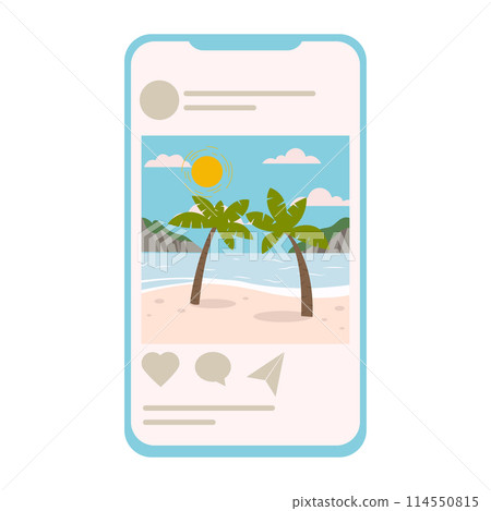 Social media profile page on mobile phone. Social media page with picture from vacation on smartphone. Travelling concept. Vector illustration in flat design style 114550815