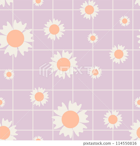 Y2K aesthetics, Groovy Daisy Flowers Seamless Pattern in swatches. Floral Vector Background in 1970s Hippie Retro Style for Print on Textile, Wrapping Paper, Web Design and Social Media. Y2K aesthetics, Groovy Daisy Flowers Seamless Pattern in swatches. Floral Vector Background in 1970s Hippie Retro Style for Print on Textile, Wrapping Paper, Web Design and Social Media. 114550816
