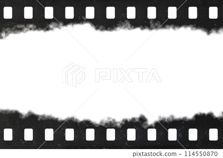 Tattered celluloid filmstrip with natural rough dust and scratches Tattered celluloid filmstrip with natural rough dust and scratches 114550870