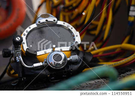 Closeup photo of commercial diving helmet Closeup photo of commercial diving helmet 114550951