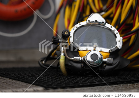 Closeup photo of commercial diving helmet Closeup photo of commercial diving helmet 114550953