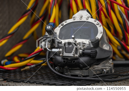 Closeup photo of commercial diving helmet Closeup photo of commercial diving helmet 114550955