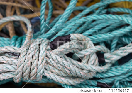 Closeup of tangled harbor fishing ropes 114550967