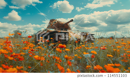 A dilapidated tank in a flower field (AI-generated image) 114551103