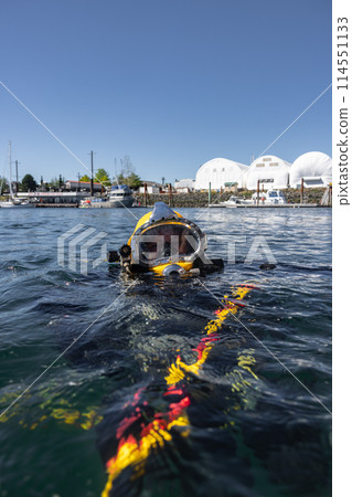 Commercial diver in helmet gazes at camera Commercial diver in helmet gazes at camera 114551133