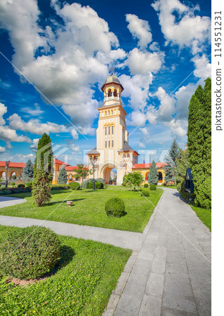 Amazing cityscape with Bell Tower of Orthodox Coronation Cathedral inside fortified Alba Carolina Fortress 114551231