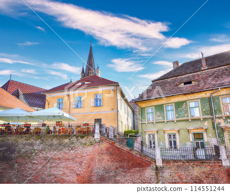 Amazing View of Evangelical Cathedral and the Liars Bridge in the center of Sibiu city. Amazing View of Evangelical Cathedral and the Liars Bridge in the center of Sibiu city. 114551244