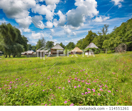 Amazing summer scene of traditional romanian peasant houses. Amazing summer scene of traditional romanian peasant houses. 114551261
