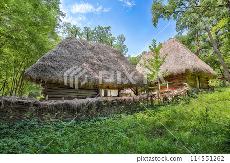 Gorgeous summer scene of traditional romanian peasant houses. Gorgeous summer scene of traditional romanian peasant houses. 114551262