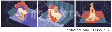 Diverse people cartoon characters using devices in bed at night Diverse people cartoon characters using devices in bed at night 114551467