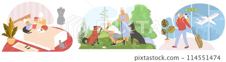 Elderly people cartoon characters spending time with pets 114551474
