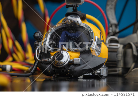 Closeup photo of commercial diving helmet Closeup photo of commercial diving helmet 114551571