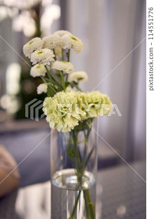 white and green chrysanthemums on table next to napkins in coffee shop white and green chrysanthemums on table next to napkins in coffee shop 114551776