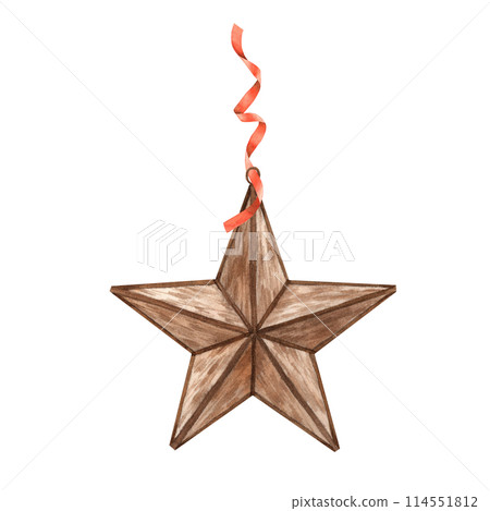 Vintage copper five-pointed star with red ribbon. Watercolor illustration in vintage style on isolated background. Drawing for Christmas and New Year holidays, invitations, cards, banners, decor Vintage copper five-pointed star with red ribbon. Watercolor illustration in vintage style on isolated background. Drawing for Christmas and New Year holidays, invitations, cards, banners, decor 114551812