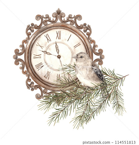 Fir branches, bird and copper clock, watercolor botanical illustrations on an isolated background in vintage style. Drawing for Christmas and New Year holidays, invitations, cards, wrapping paper 114551813