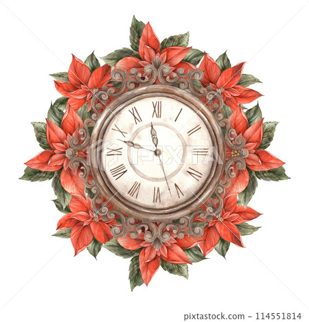 Poinsettia, Christmas red flower with green leaves and vintage clock. Watercolor illustration in vintage style on isolated background. Drawing for invitations, cards, wrapping paper, New Year's decor Poinsettia, Christmas red flower with green leaves and vintage clock. Watercolor illustration in vintage style on isolated background. Drawing for invitations, cards, wrapping paper, New Year's decor 114551814