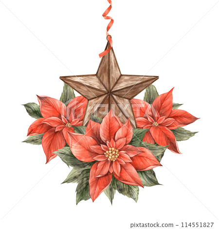 Composition of poinsettia flowers and a copper star with a red ribbon. Watercolor illustration in vintage style. Drawing for Christmas and New Year holidays, invitations, cards, banners, decor 114551827