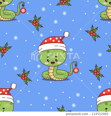 Seamless pattern with Christmas snake wearing Santa hat on blue background with holly. Cute kawaii reptile character. Vector illustration. 2025 Year Snake according to Chinese lunar calendar. Seamless pattern with Christmas snake wearing Santa hat on blue background with holly. Cute kawaii reptile character. Vector illustration. 2025 Year Snake according to Chinese lunar calendar. 114552005
