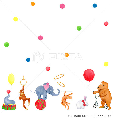 Watercolor seamless border with circus animals: elephant, rabbit, bear, cat, monkey and seal with rings, ballons and circles on white background Watercolor seamless border with circus animals: elephant, rabbit, bear, cat, monkey and seal with rings, ballons and circles on white background 114552052