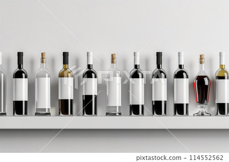Row of various wine bottles on a sleek shelf against a neutral background 114552562