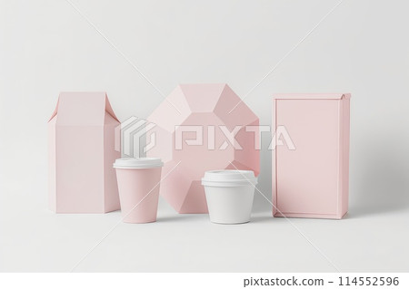 Elegant display of various pink packaging options against a clean backdrop 114552596